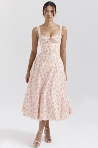 Rosalee perzikkleurige katoenen bustier-Zomerjurk met papaverprint