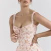 Rosalee perzikkleurige katoenen bustier-Zomerjurk met papaverprint