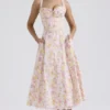 Rosalee roze katoenen bustier-Zomerjurk met weideprint