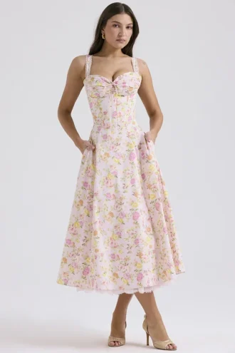 Rosalee roze katoenen bustier-Zomerjurk met weideprint