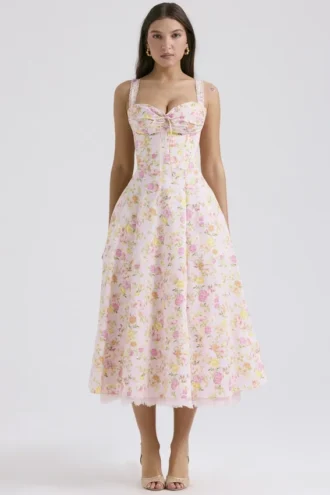 Rosalee roze katoenen bustier-Zomerjurk met weideprint