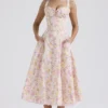 Rosalee roze katoenen bustier-Zomerjurk met weideprint