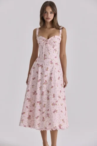 Rosalee Vintage roze midi-jurk met bloemenprint
