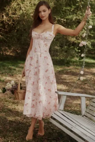 Rosalee Vintage roze midi-jurk met bloemenprint