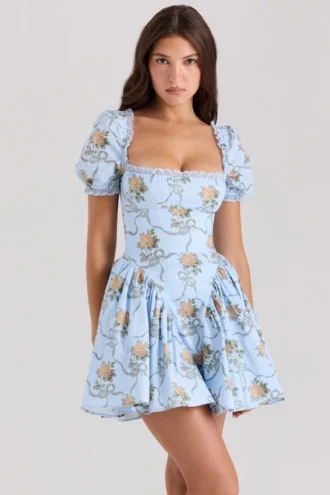 Rosie blauwe katoenen mini-jurk met rozenprint