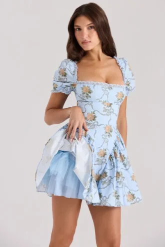 Rosie blauwe katoenen mini-jurk met rozenprint