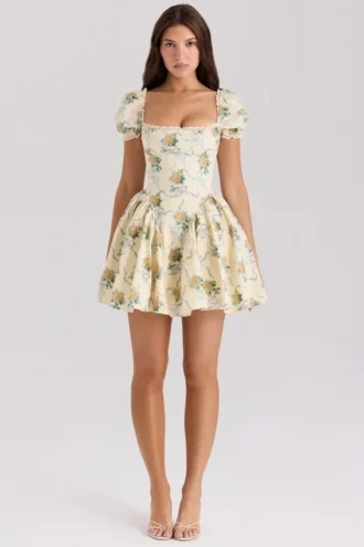 Rosie mini-jurk van katoen met citroen- en rozenprint