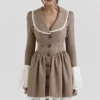 Sabelbruine mini-jurk met puppytooth-ruit