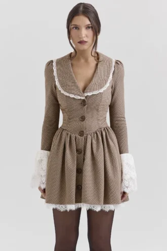 Sabelbruine mini-jurk met puppytooth-ruit