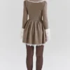 Sabelbruine mini-jurk met puppytooth-ruit