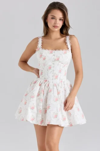 Sade mini-jurk van stretchkatoen met rozenprint