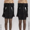 Sadie zwarte mini-jurk met bloemenkant en blote schouders