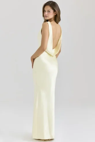 Safaira Buttermilk Satin Draped Cowl Neck Maxi Jurk