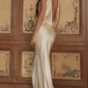 Safaira Buttermilk Satin Draped Cowl Neck Maxi Jurk