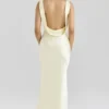 Safaira Buttermilk Satin Draped Cowl Neck Maxi Jurk