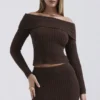 Saffraan-chocoladekleurige zachte bouclé gebreide top