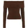 Saffraan-chocoladekleurige zachte bouclé gebreide top