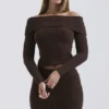 Saffraan-chocoladekleurige zachte bouclé gebreide top