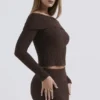 Saffraan-chocoladekleurige zachte bouclé gebreide top