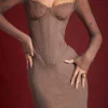 Safran Mocha Midi-jurk met korsetten