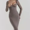 Safran Mocha Midi-jurk met korsetten