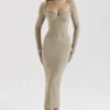 Saisha beige mesh midi-jurk met lange mouwen