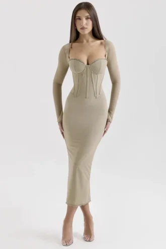 Saisha beige mesh midi-jurk met lange mouwen