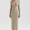 Saisha beige mesh midi-jurk met lange mouwen
