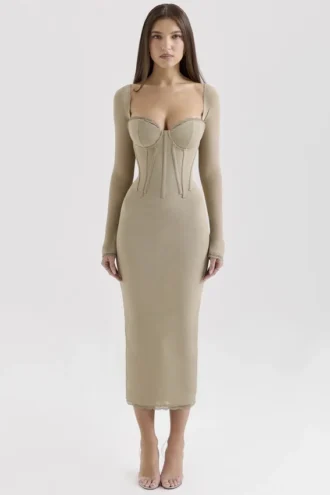Saisha beige mesh midi-jurk met lange mouwen