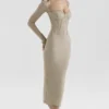 Saisha beige mesh midi-jurk met lange mouwen