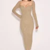 Saisha beige mesh midi-jurk met lange mouwen