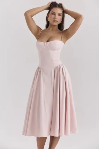 Samaria Ballerina roze twill korset midi-jurk