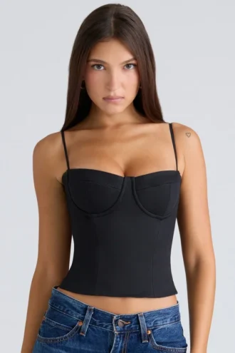Samaria Zwarte stretch twill cup-korset top