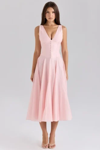 Samira Roze Chiffon Midi-jurk met knopen
