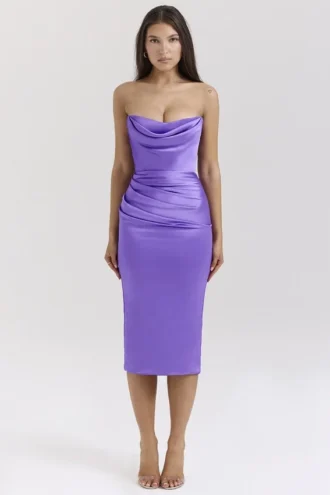 Santana violet satijnen strapless korset midi-jurk
