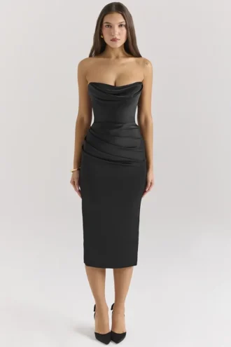 Santana zwarte satijnen strapless midi-jurk