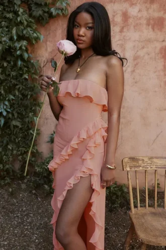 Sarina Abrikoos Maxi-jurk met ruches