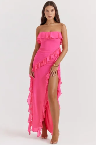 Sarina Fuchsia maxi-jurk met ruches