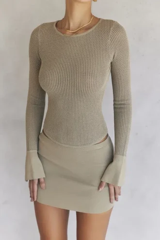 Savannah Taupe gebreide top met lange mouwen