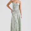 Seren Pistachio Maxi-jurk met bloemenprint en kanten rug