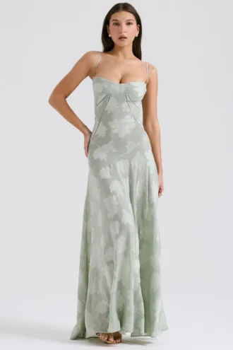 Seren Pistachio Maxi-jurk met bloemenprint en kanten rug