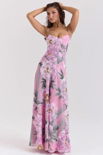 Seren roze maxi-jurk met bloemenprint en kanten rug