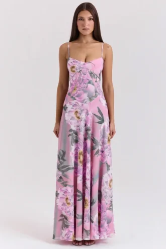 Seren roze maxi-jurk met bloemenprint en kanten rug