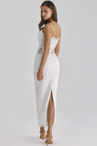 Serenella witte midi-jurk met broderie anglaise-kant