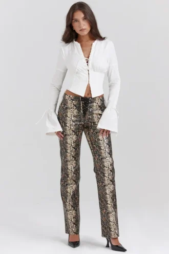 Serina veganistische leren broek met slangenprint