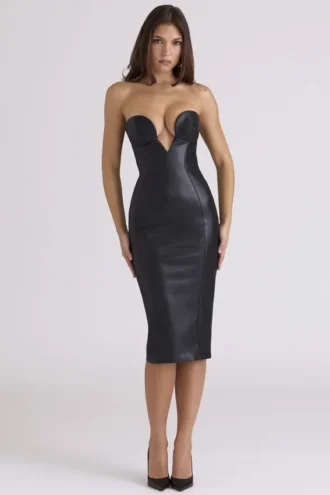 Shia Zwarte veganistische leren strapless midi-jurk