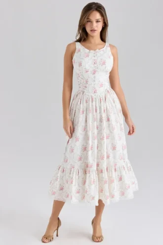 Sienna Rose Print stretch katoenen midi-jurk met vetersluiting