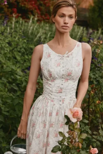 Sienna Rose Print stretch katoenen midi-jurk met vetersluiting