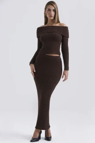 Sloane chocoladebruine maxi-rok van zacht katoenbouclé