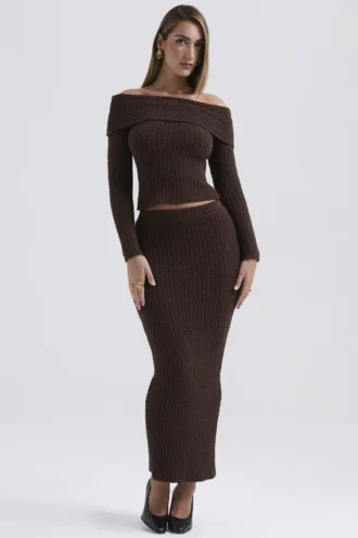 Sloane chocoladebruine maxi-rok van zacht katoenbouclé